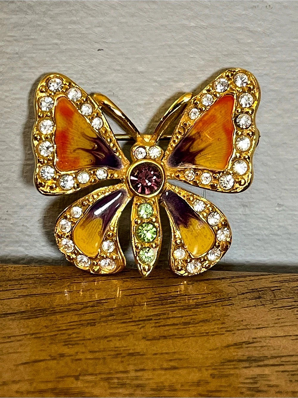 Joan Rivers Enamel and Rhinestone Butterfly Brooch Gold & Orange
